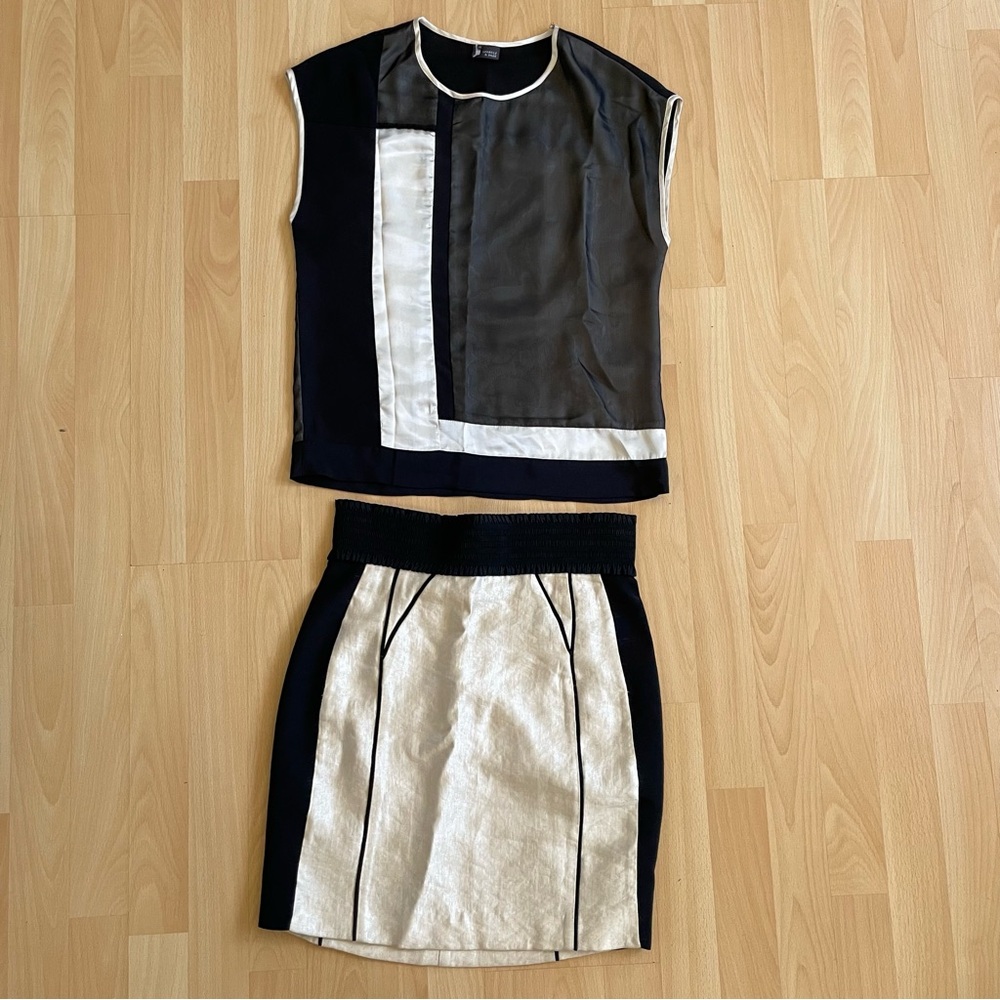 Two Piece Coord Skirt Set Cream Black Sheer sleeveless top, pencil skirt